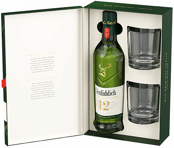 Glenfiddich Single Malt Scotch Whisky 12 y.o. (gift box with 2 glasses), 0.7л